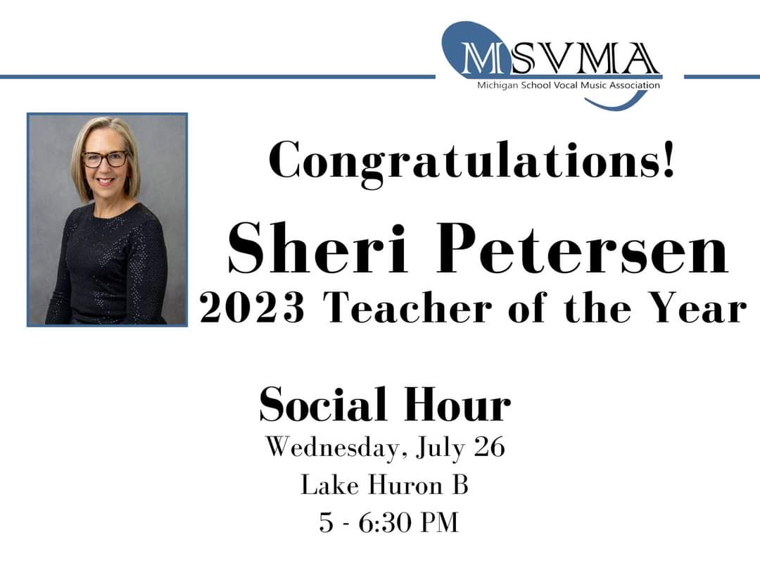 Please join us at our social hour at Summer Conference on Wednesday, July 26 from 5 - 6:30 PM at Blue Water Convention Center as we celebrate our 2023 Teacher of the Year Sheri Petersen.