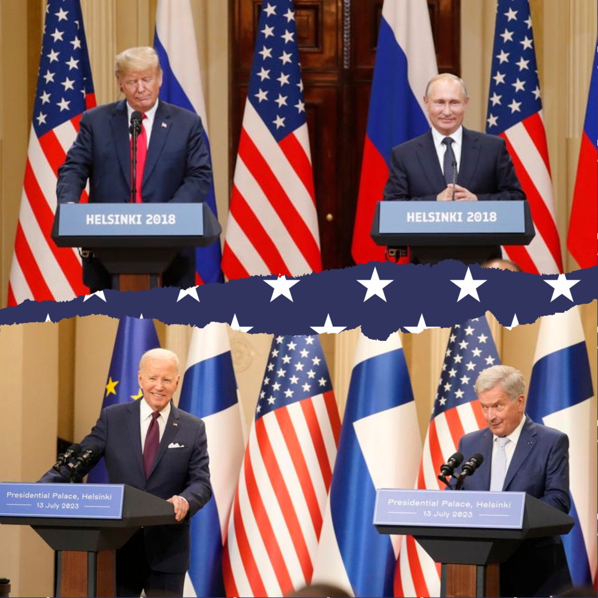ChrisDJackson's tweet photo. Same place. Same lecterns. Five years apart. Two presidents. Two very different messages.

Five years ago in Helsinki, Trump stood before the world, doubting NATO and groveling at Putin and Russia.

Today, @POTUS @JoeBiden stood before the world and made it clear that NATO is 100% united against Putin and his illegal actions in Ukraine.

Presidential leadership matters, folks. Don't ever forget it.