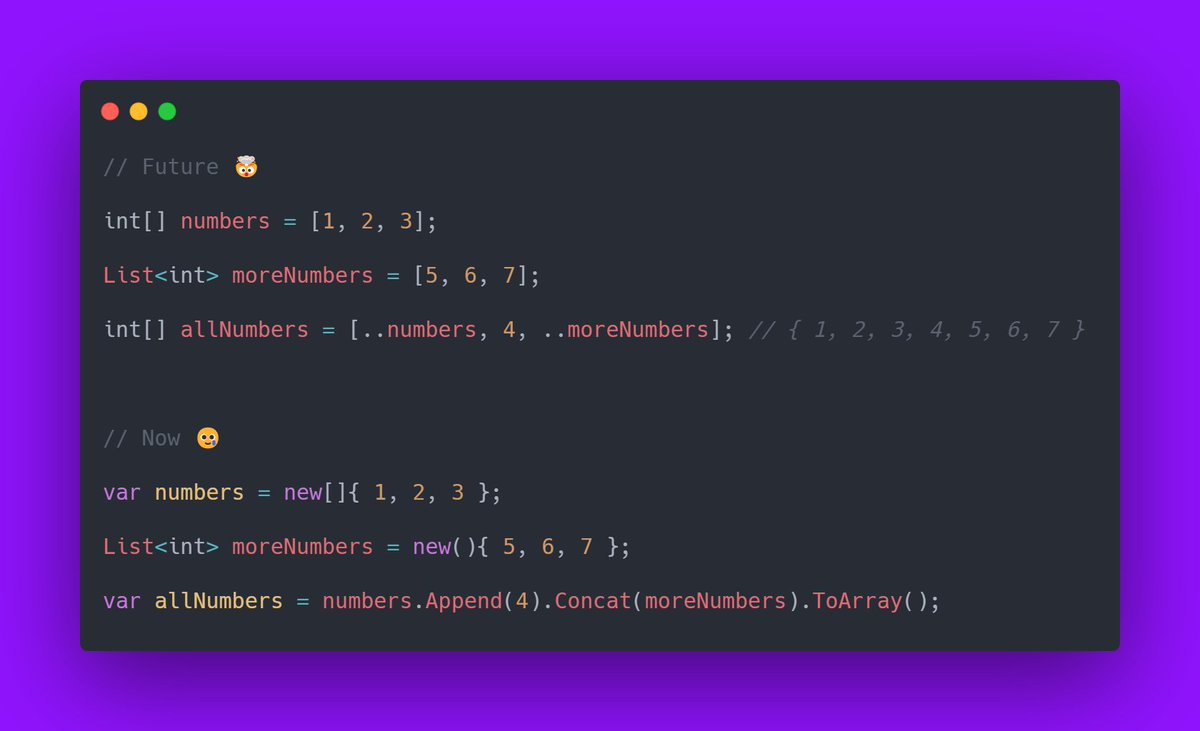 Parece que a sintaxe nova para coleções  já esta no caminho pro C# 12  🎉

code: bit.ly/csharp-collect…

#csharp #dotnet
