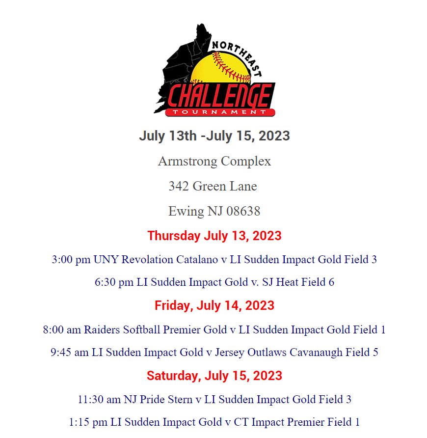 Here is my schedule for my tournament this weekend in Ewing, NJ.