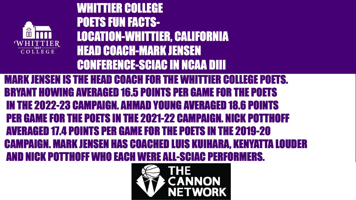 Cannon_Network's tweet photo. Here are some fun facts about @WhittierCollege @wcpoets @WCPoetMBB https://t.co/imKXl86Y4m #basketball #TheCannonNetwork https://t.co/lagZimK1hN