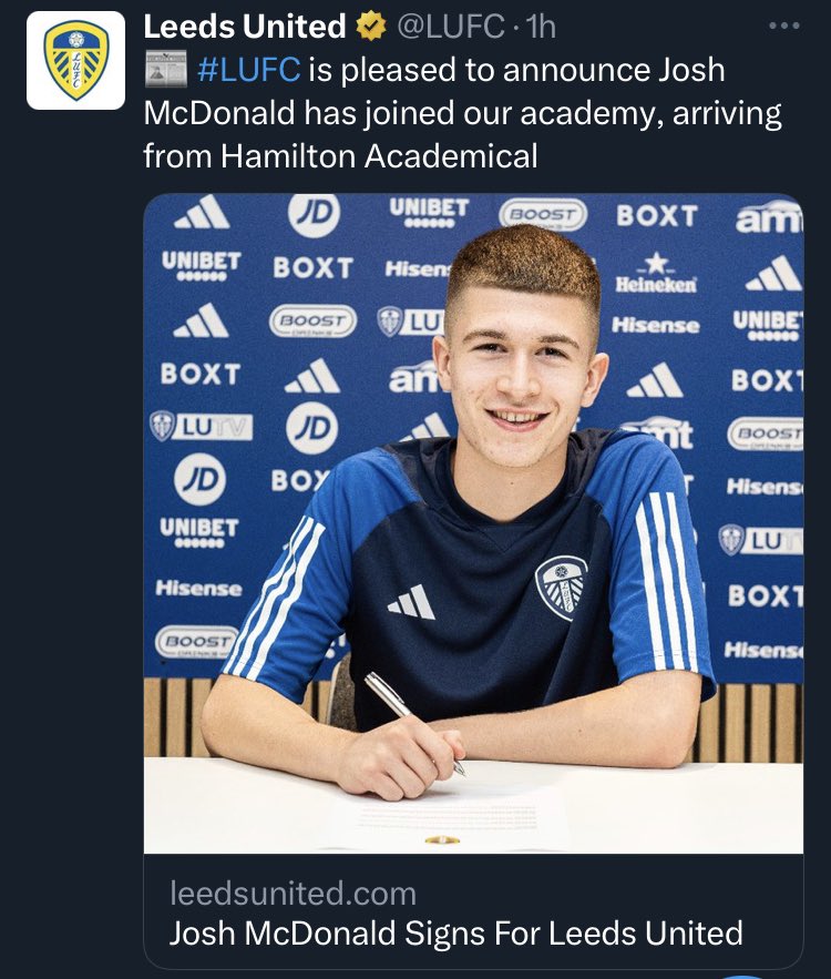 Scottish FA JD Performance Schools (@performschools) on Twitter photo Well Done to <a href="/braidhurst/">braidhursthighschool</a> <a href="/PerformSchools/">Scottish FA JD Performance Schools</a> Graduate Josh McDonald who signs with <a href="/LUFC/">Leeds United</a>. ✍🏻
Great Milestone for Josh who has also been part of our <a href="/ScotlandNT/">Scotland National Team</a> 16s squad. 🏴⚽️
<a href="/JDFootball/">JD Football</a> <a href="/ScottishFA/">Scottish FA</a> Well Done to <a href="/braidhurst/">braidhursthighschool</a> <a href="/PerformSchools/">Scottish FA JD Performance Schools</a> Graduate Josh McDonald who signs with <a href="/LUFC/">Leeds United</a>. ✍🏻
Great Milestone for Josh who has also been part of our <a href="/ScotlandNT/">Scotland National Team</a> 16s squad. 🏴⚽️
<a href="/JDFootball/">JD Football</a> <a href="/ScottishFA/">Scottish FA</a>