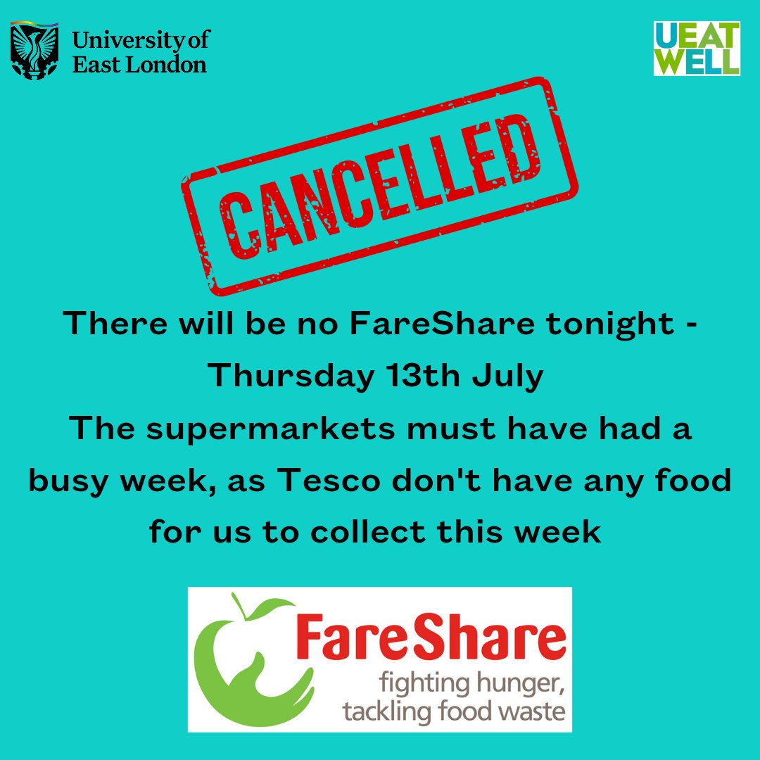 ueatwell's tweet photo. FareShare is cancelled tonight. The supermarkets must have had a busy week, as Tesco have no food for us to collect for FareShare. We will try again for next week.
#nottonightjosephine #apologies #sosorry #thistimenextweek https://t.co/t0cYtuYrR6