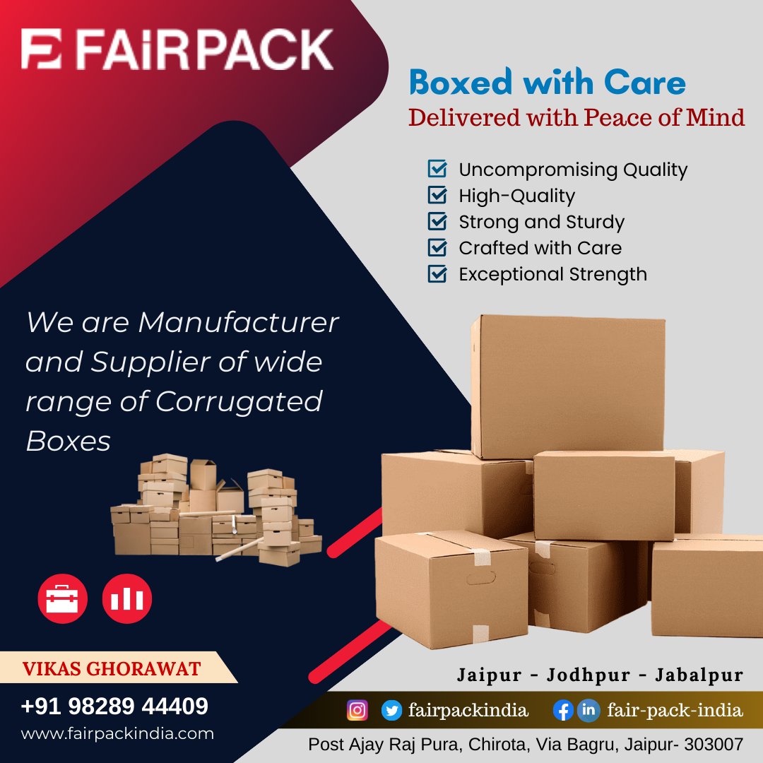fairpackindia's tweet image. High Quality #Packaging Solutions !
We take pride in being a leading #corrugated_box manufacturer, dedicated to providing top-notch packaging solutions for a wide range of industries.

call us now: +91 98289 44409
fairpackindia.com

#CustomPackagingBoxes #Fairpack #Jaipur