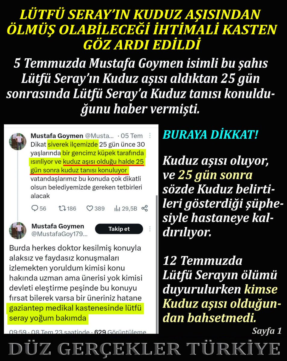DuzGercekler's tweet photo. Sahte Kuduz Teşhisi Üzerinden Kuduz Plandemisine Hazırlık

1⃣ Dün (12 Temmuz) Lütfü Seray'ın öldüğü duyurulurken kendisinin kuduz aşısı olduğu neden gizlendi?..
Neden hep bir ağızdan 'Kuduzdan öldü.' denildi?.
Nasıl oldu da aşıya halel getirilmedi, virüs aramayan PCR'a güvenildi? https://t.co/sKsTbu69iJ