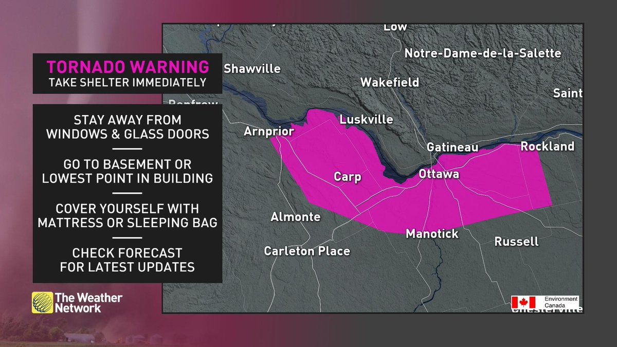 A TORNADO WARNING has been issued in Ontario for:

- Ottawa North 
- Kanata 
- Orleans

This is a dangerous and potentially life-threatening situation. Take cover immediately. #ONwx #ONstorm