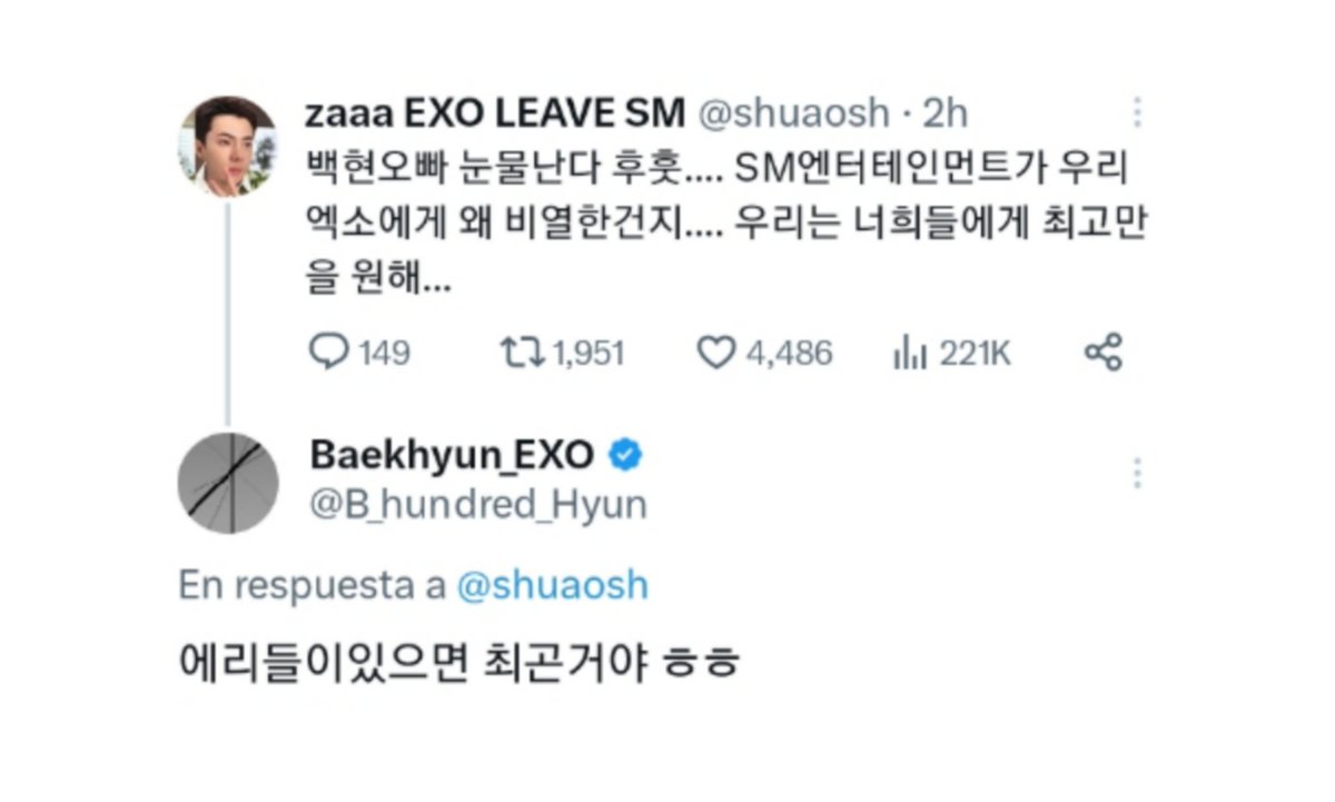 baekiosh's tweet photo. Una fan mencionó el maltrato de SM hacia EXO y Baekhyun dijo que si EXO tiene a Eris es lo mejor 🥺🤍

- Fan: Baekhyun oppa, estoy llorando, ¿Por qué SM Entertainment es tan malo con EXO? Solo queremos lo mejor para ustedes...
- Baekhyun: Si tenemos a Eris, eso es lo mejor jeje https://t.co/15cvdxP7hy