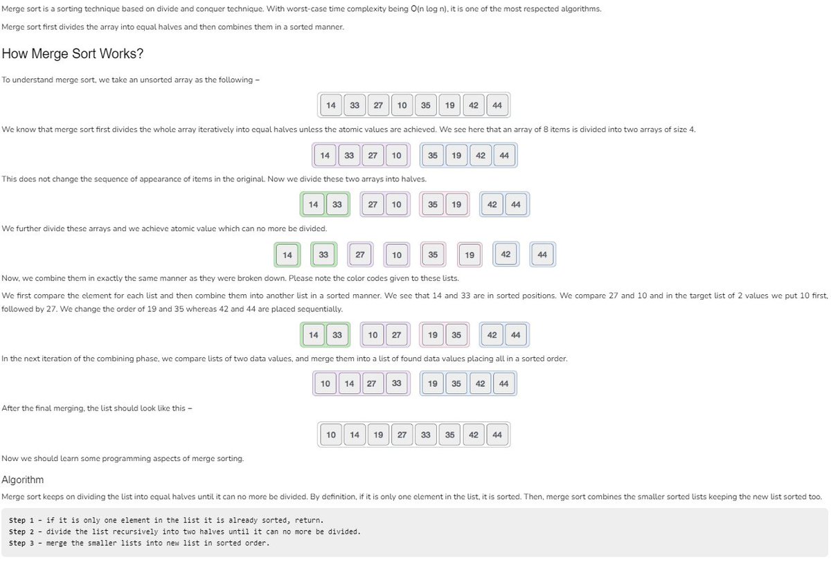 amit_tech_quest's tweet photo. Day 43
Merge Sort: An elegant divide-and-conquer algorithm. It recursively splits an array until 1 element lists are left, then merges them back, ensuring each merge operation preserves order. 
@lftechnology 
#60DaysOfLearning2023 
#LearningWithLeapfrog 
#LSPPD43 https://t.co/tUi8VrRe89