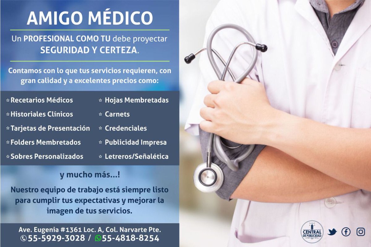 CdPublicidad's tweet photo. Amigo Médico! En Central de Publicidad tenemos todo lo que necesitas para que tu imagen sea tan profesional como tu! Solicita informes y cotizaciones al WhatsApp 55-4818-8254 o al mail graficos_cdp@hotmail.com Estamos en Eugenia 1361 en la Narvarte. A la vuelta del metro Eugenia https://t.co/BJ00BPABax