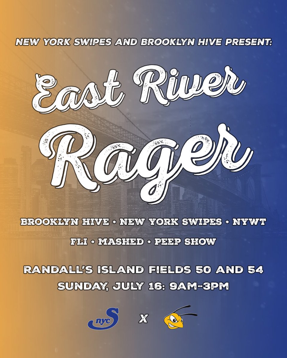 This Sunday, come on down to the first ever East River Rager!!

When: Sunday, July 16: 9am-3pm

Where: Randall’s Island - Fields 50 and 54

Featuring: 
<a href="/BrooklynHive/">Brooklyn Hive</a> 
<a href="/FLIultimate/">FLI Ultimate</a> 
<a href="/Mashed_Ultimate/">Mashed Ultimate</a> 
<a href="/PeepShowUlti/">Peep Show</a> 
NYWT