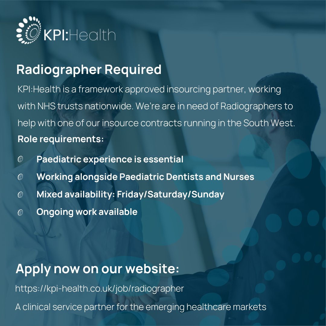 KPI Health (@kpihealth) on Twitter photo KPI:Health are in need of #Radiographers to help with one of our insource contracts running in the South West.
Job Location: South West
Salary: £350 daily rate (outside of IR35)
💻 kpi-health.co.uk/job/radiograph…
✉️ Jack.smith@kpi-health.co.uk
#healthcare #recruitment #jobposting KPI:Health are in need of #Radiographers to help with one of our insource contracts running in the South West.
Job Location: South West
Salary: £350 daily rate (outside of IR35)
💻 kpi-health.co.uk/job/radiograph…
✉️ Jack.smith@kpi-health.co.uk
#healthcare #recruitment #jobposting
