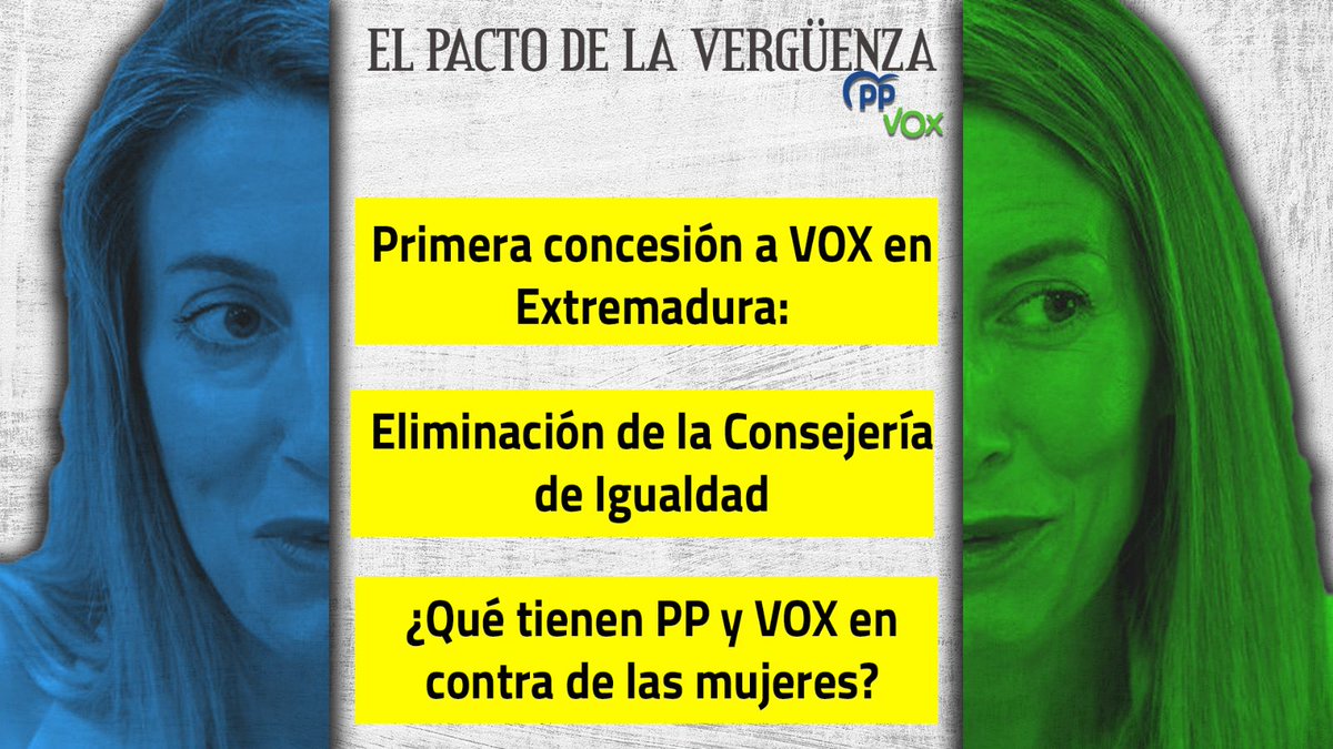 psoeex's tweet photo. Primera concesión de VOX en Extremadura.

❌❌ Eliminación de la Consejería de Igualdad en nuestra tierra. ❌❌

¿Qué tienen PP y VOX en contra de las mujeres, con contra de sus derechos?

#PactoDeLaVergüenza 
#GuardiolaMiente https://t.co/v2DsHAvh1n