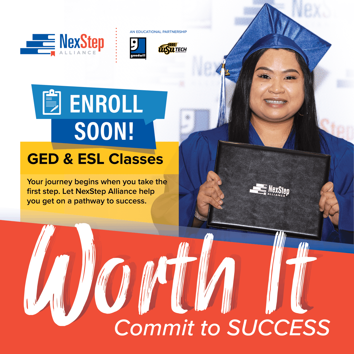 There's no better time than now to take the next step in your education and career! Our next open enrollment for High School Diploma and ESL students begins Monday, July 24th from 8:30 - 6:00 p.m. 🎒✏️

📍Located at our Main Campus: 3351 N Webb Road
💻nexstepalliance.org/enrollment