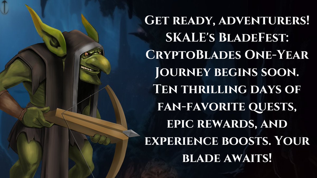 🔥 Champions! Gear up for the @SkaleNetwork's BladeFest: #CryptoBlades One-Year Journey starting TOMORROW! Experience a 3x boost, special quests, and a resource rotation like never before. A secret weapon reward? Stay tuned! Let's elevate the game, one blade at a time! 🔥…
