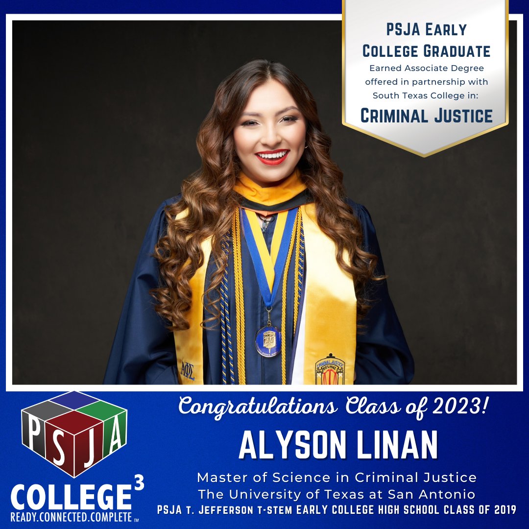 Congratulations to Alyson Linan, PSJA T. Jefferson T-STEM Early College High School Class of 2019 alum, for earning a Master of Science in Criminal Justice from UTSA - The University of Texas at San Antonio. 

Way to go!

#PSJAProud