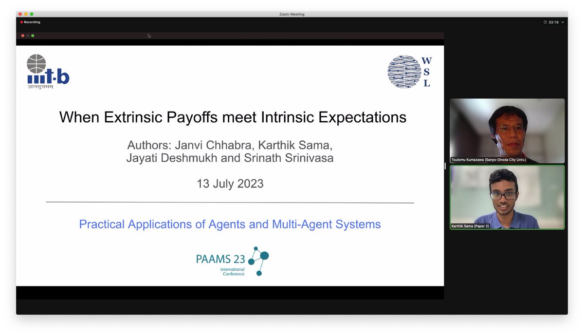 jayati2512's tweet photo. @Karthik_Sama_ and @ChhabraJanvi presented our paper summarizing results of modeling intrinsic motivation in a network of autonomous agents at @paams_events.
#PAAMSConference #PAAMS23 #MAS #motivation https://t.co/wI2fJG7s8D