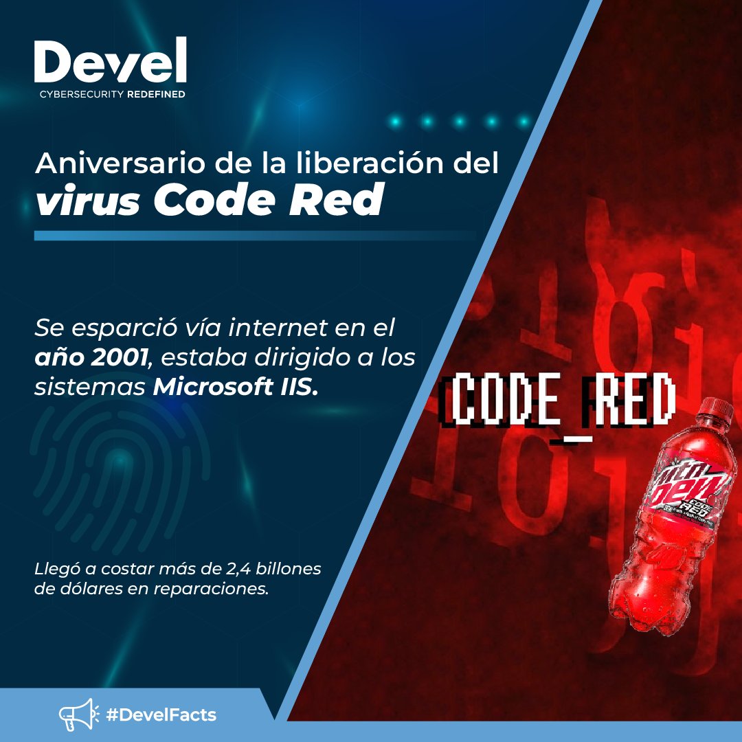 🌟💻 Hoy recordamos el aniversario de liberación del #virus Code Red, Pero ¿Sabes qué es y cómo paralizó la red de internet en el año 2001?

Code Red fue un gusano informático que se esparció vía internet en el año 2001, estaba dirigido a los sistemas Microsoft IIS

#DevelFacts