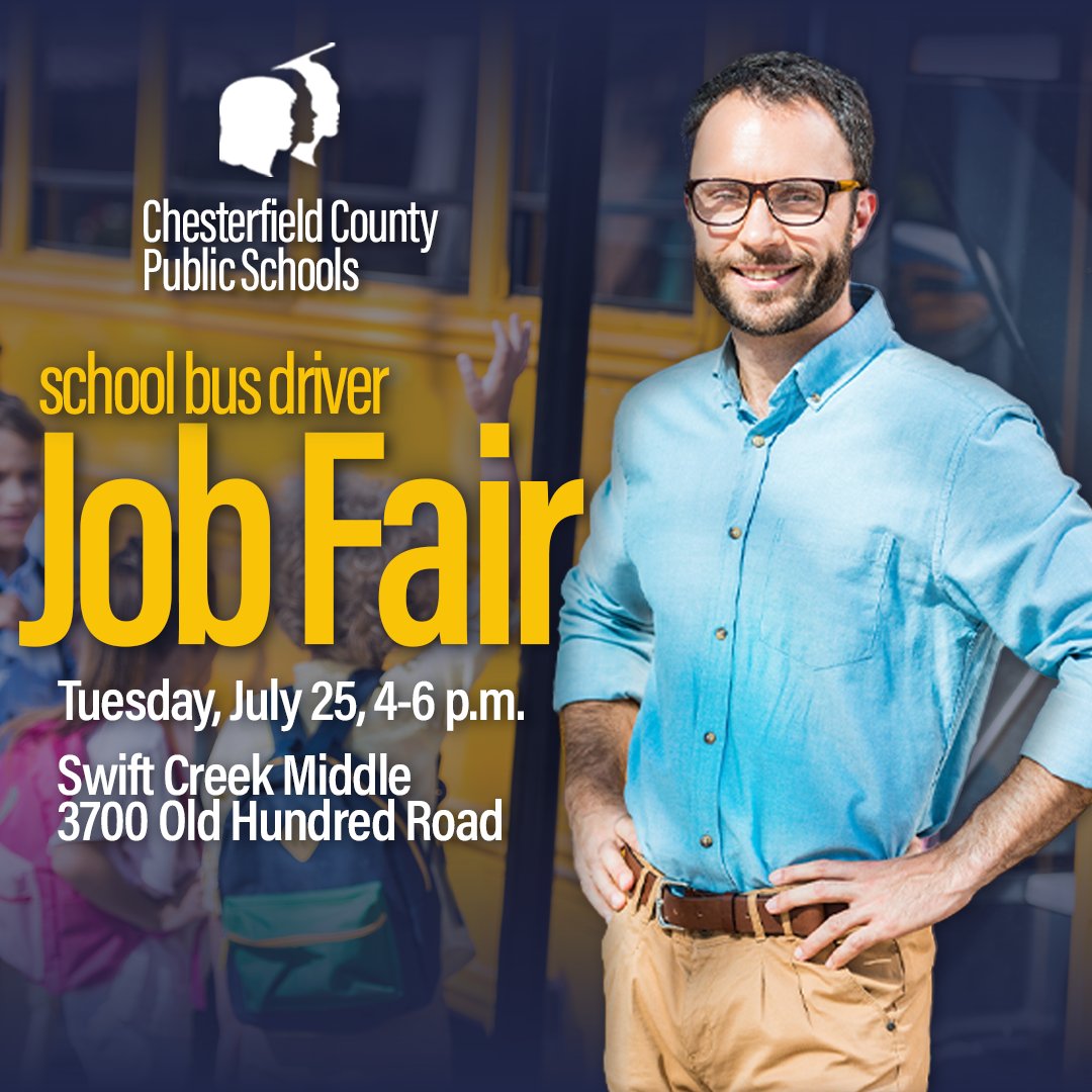 #oneCCPS is hiring school bus drivers during a job fair 4-6 p.m. July 25 at Swift Creek Middle, 3700 Old Hundred Road. Candidates must register online before attending the job fair. ▪️ To register, visit bit.ly/3NTC3bK.