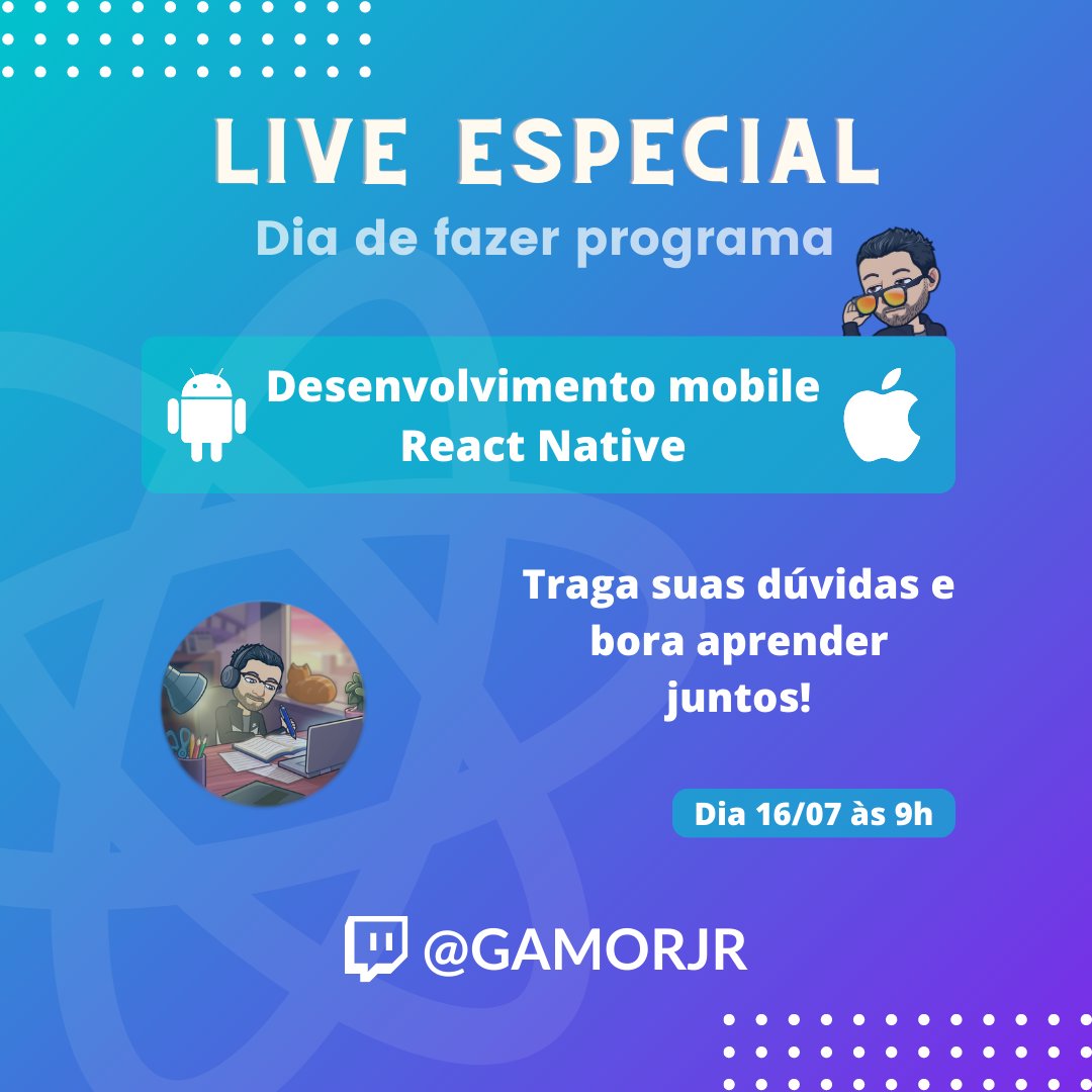 gamorjr's tweet photo. Bora pra mais uma live de programação!

É no próximo domingo (16/07), vamos falar de mercado nacional e internacional, resolver problemas e, claro, desenvolver apps!

Traga suas dúvidas e bora aprender juntos! Marque na agenda, começa às 9h, não perca! #live #twitch  #ReacNative https://t.co/YFrEfLCWff