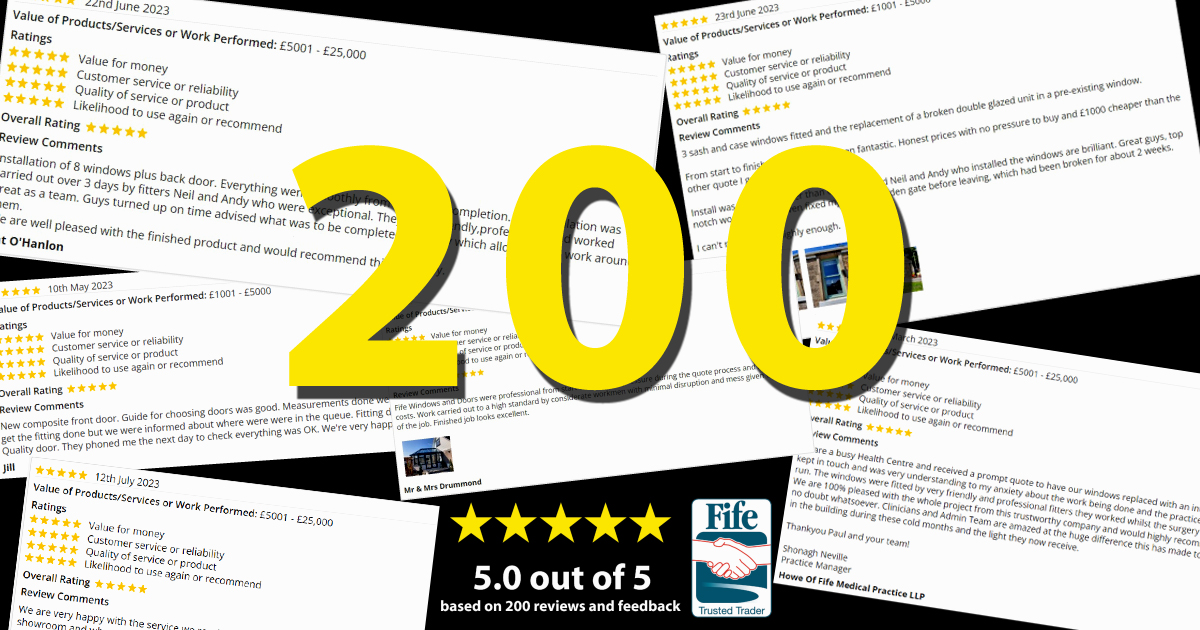 Fife_Windows's tweet image. ⭐ THANK YOU ⭐  We now have over 200 reviews and feedback comments left from our customers on our #FifeTrustedTrader page. Thank you to everyone that has left us a review or recommended Fife Windows &amp;amp; Doors to others. To check out our reviews click-&amp;gt;  trustedtrader.scot/Fife/Fife-Wind…