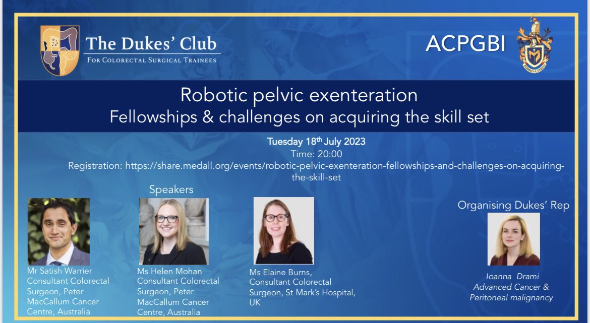 🦾🤖 Interested in Robotic Pelvic Exenteration?

Wondering about fellowships, getting trained?🤔

We are delighted to have👇 to tell us!
⭐️ <a href="/SatishWarrier/">Satish Warrier</a>
⭐️ <a href="/HelenMohan1/">Helen Mohan</a> 
⭐️ <a href="/EMBurns2017/">Elaine Burns</a> 

Tuesday 18th July, 8pm <a href="/MedAllApp/">MedAll</a> 

Join the chat 💬 Register 👇

share.medall.org/events/robotic…