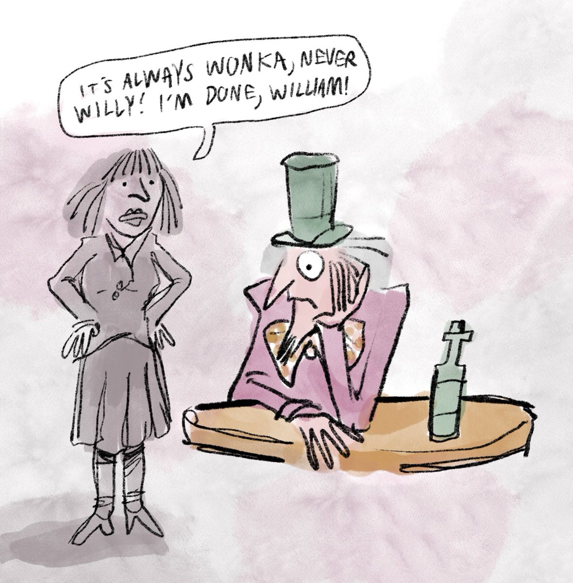 StarmansArt's tweet photo. What if the ‘Wonka’ movie was an animated drama (in the style of Sir Quentin Blake) about a toxic creative? https://t.co/DDETew5Q4n