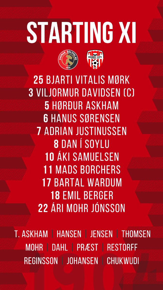 Starting XI for #HavnarBoltfelag tonight! Viljormur Davidsen wears the band. Kick Off 17:00. Stream on tv.fo 🔴⚫️ #europa