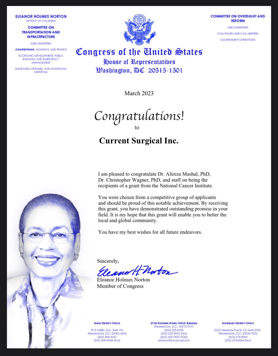al_mashal's tweet image. Thanks so much for the shoutout @EleanorNorton! We appreciate all the support we’ve received from our DC community and are excited to use our new @nihseed @NCIsbir grant to help millions of patients receive curative surgery without the traditional limitations.