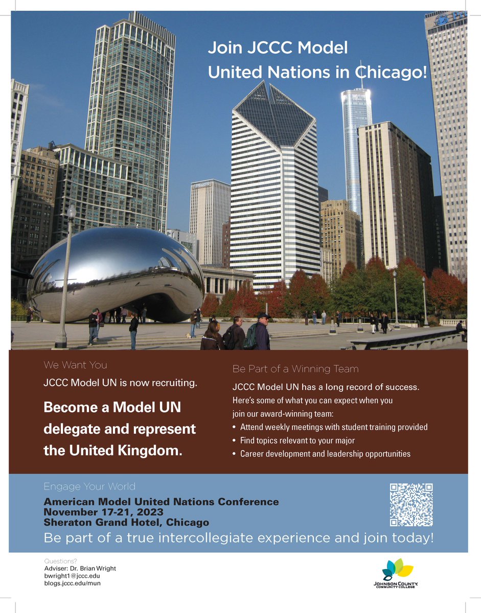 JCCCModelUN's tweet image. Fall semester 2023 JCCC ModelUN team will be meeting each Wednesday at 4:00 p.m. (face to face) starting August 23, 2023 Looking for responsible and dedicated students for Fall. College Now and Quick step students qualify. @JCCCtweet @SustainableJCCC @CoLabJCCC @JCCCStudentLife