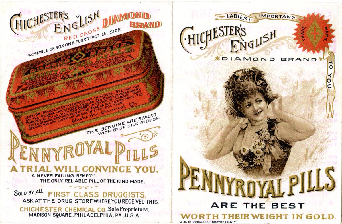 minerlibrary's tweet image. “A superb remedy for ladies, married or single.” Chichester’s Pennyroyal Pills, which “restore” the menstrual function. #CodedLanguage #WomensHealthHistory
#AtwaterPopMed