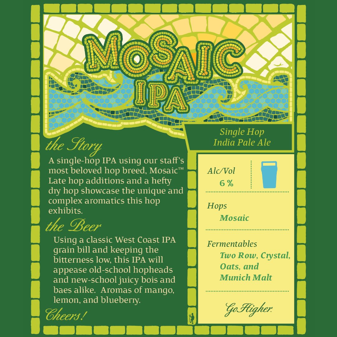 Mosaic Single Hop IPA is available on draft and in cans now! Using a classing West Coast IPA grain bill, this beer is packed with aromas of lemon and a hefty dry hop and is sure to appease old-school hopheads and new-school juice bois and baes alike. 🍻