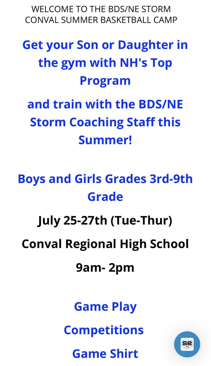 CoachPatnaude's tweet photo. BDS/NE Storm SUMMER A CAMP @ ConVal
Regional High School
Boys &amp; Girls (Grades 3-12)
July 25-27 (Tues-Thurs)
Location: ConVal Regional High School
9am-2pm
Cost: $125
Registration: https://
https://t.co/Dn3GqbigDc
270178026
Questions:
BasketballDevelopmentSchool@gmail.com https://t.co/UI4Pwwz61i