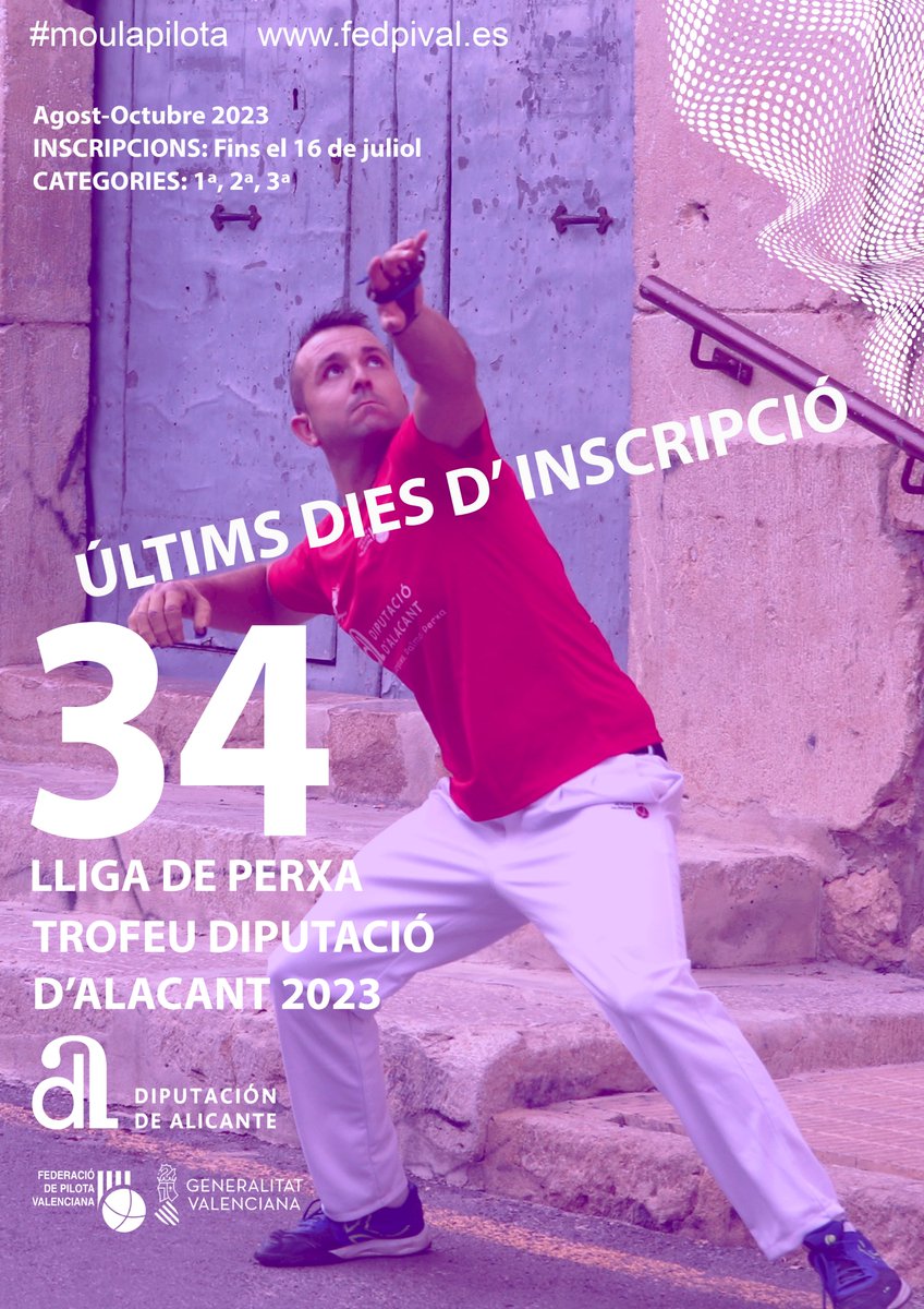 fedpival's tweet photo. PERXA 🟣 Últims dies per a inscriure's en la 34 Lliga Trofeu @dipuAlicante.
Fins el 16 de juliol‼️
#moulapilota
#perxa
#ratlles https://t.co/9Xi8gvz4ko
