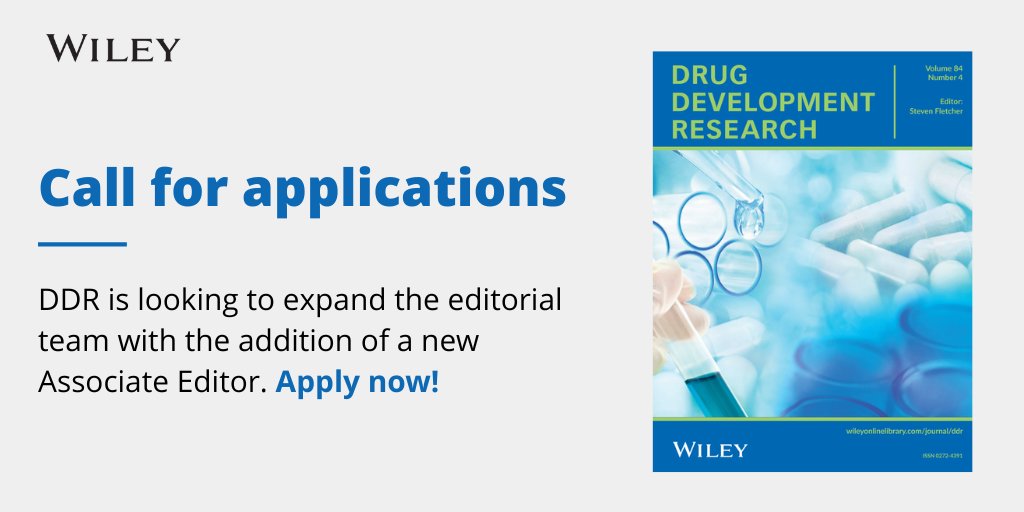 Wiley_Chemistry's tweet photo. Drug Development Research is seeking a new Associate Editor to join our editorial team! Experts in medicinal chemistry are most welcome. Help us shape the journal, review manuscripts, and contribute to innovative research.

Apply: https://t.co/AEb3ocKm6e

#EditorialOpportunity https://t.co/uwc9yBMpCR