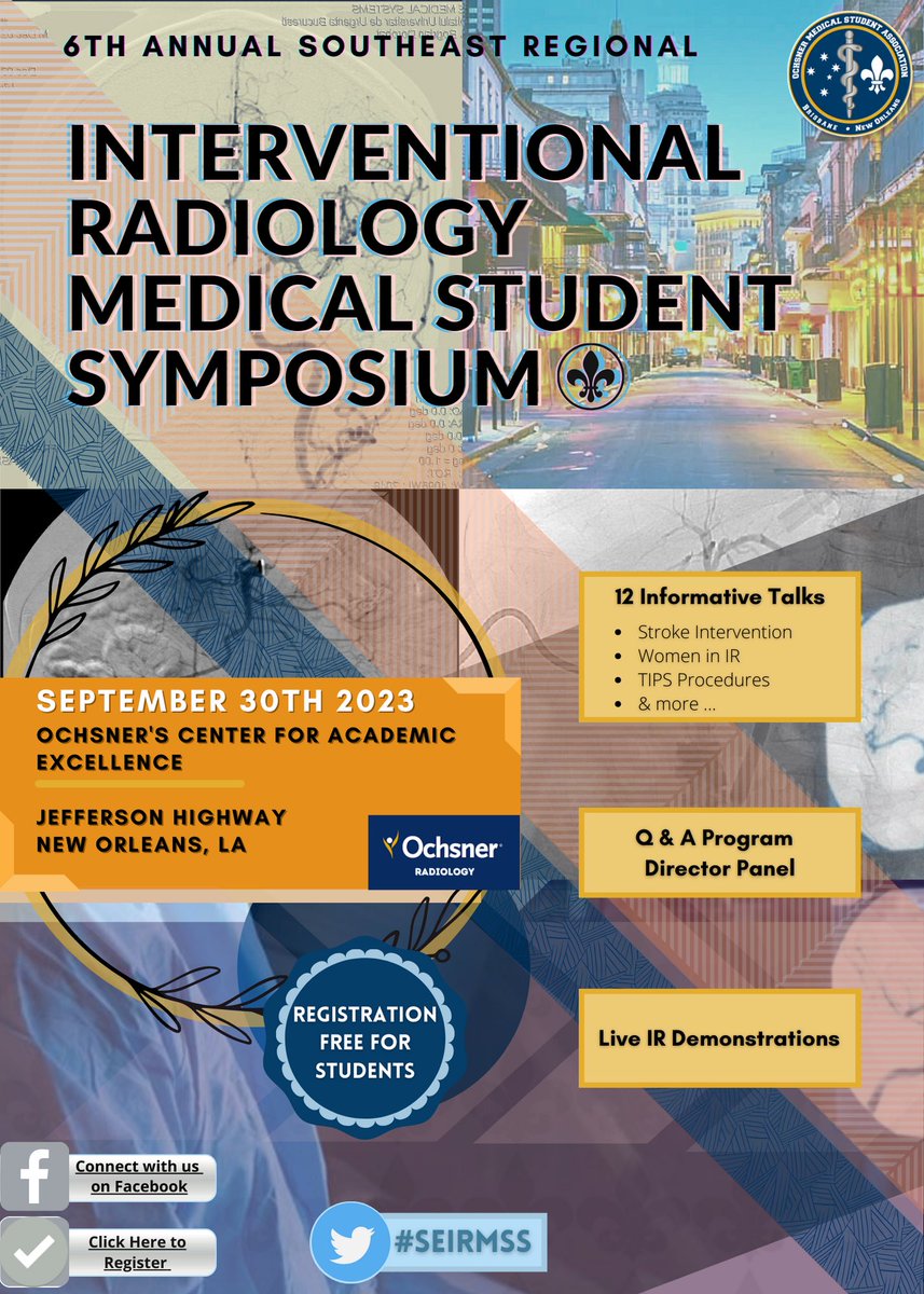 seirmss's tweet photo. Only a few more months until the 6th Annual Southeastern Interventional Radiology Medical Student Symposium! Hosted by the University of Queensland-Ochsner Clinical School in New Orleans, LA. 
 #SEIRMSS2023 

Click the link below to register:
https://t.co/LPpdeXgKe0 https://t.co/JPVt1BnQqo