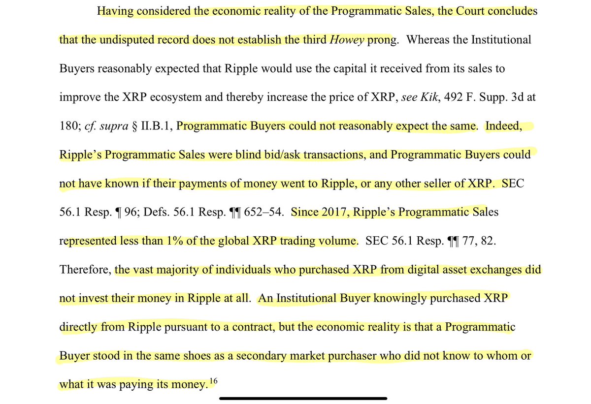 #XRPCommunity #XRP This is to me the most important part of the decision. Programmatic Sales are not securities, and because a Programmatic Buyer “stood in the same shoes as a secondary market purchaser,” secondary market sales are not investment contracts — NOT SECURITIES.