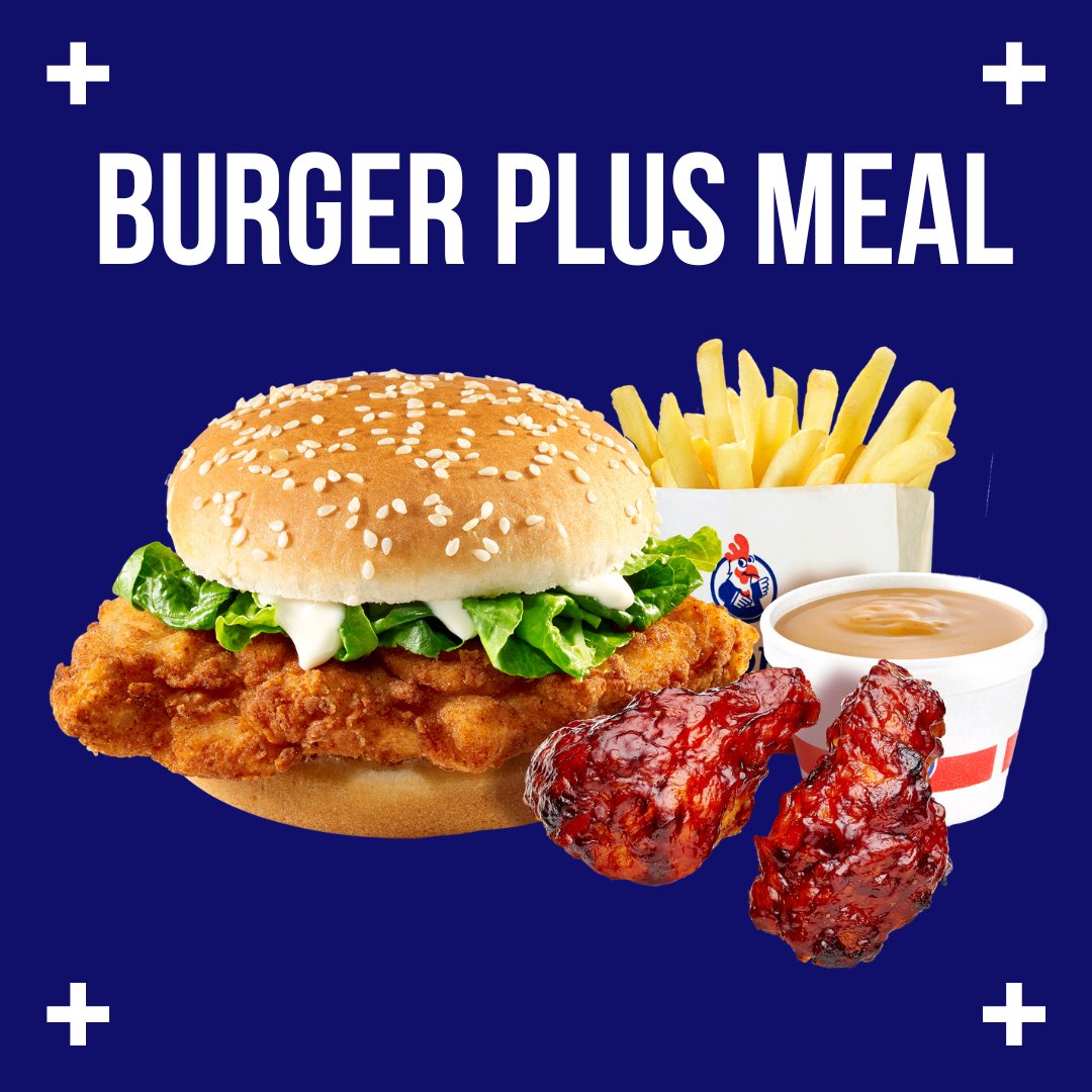 Always a winner. The Fillet Burger Plus Meal. Fillet Burger plus 2 Favorite Wings or 1 Piece of Traditional Favorite Chicken, with regular fries and a choice of can drink or regular tub side dish.