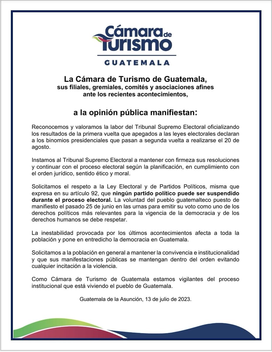 CAMTUR1's tweet photo. Ante los recientes acontecimientos la Cámara de Turismo de Guatemala a la opinión pública manifiesta:
#URGENTE
#Tribunal Supremo Electoral
#EleccionesGT 
#CamturEsTurismo https://t.co/PoUROFPdNF