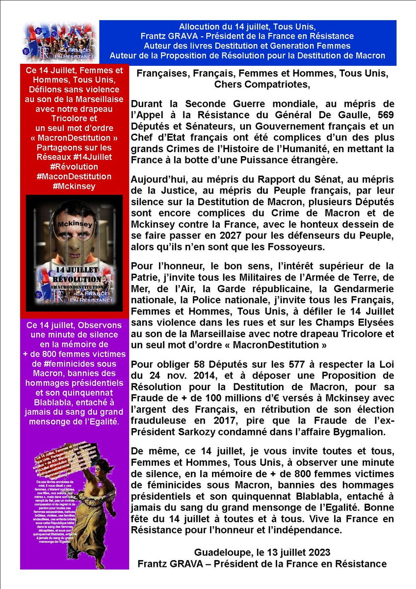 @MarineNationale Allocution #14Juillet #Revolution #MacronDestitution #McKinsey #loi24novembre2014 #fraudepresidentielle #DeGaulle #champsElysees #lafranceenresistance #jaimelafrance