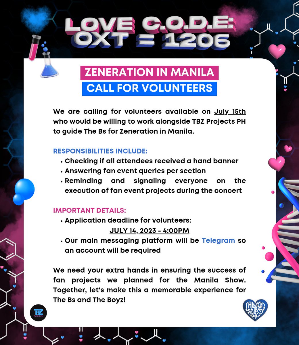 tbzprojectsph's tweet photo. [ZENERATION IN MANILA] 🧬 
OPEN FOR VOLUNTEERS

The Bs! 📢♥️ 

We're looking for Section Representatives to help us execute our fan projects during the concert! If you're interested, please feel free to fill up the form & we'll get in touch. 💌 

Let's make this concert memorable together! ✨ 

Form: https://t.co/h6cs4FcyG3

#OXT_1206 #THEBOYZ #더보이즈 ♥️
