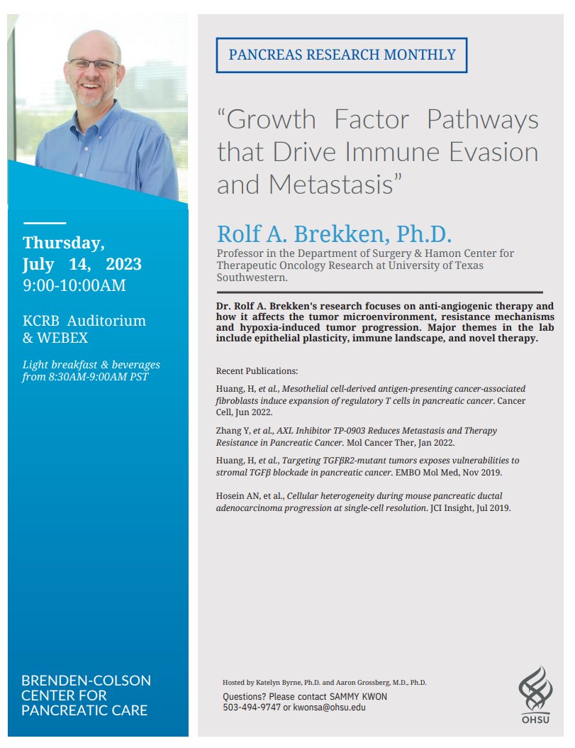 Excited to have Dr. Brekken with us tomorrow for our #PRM seminar! #PancreaticCancer #metastasis #immune #seminar @OHSUKnight