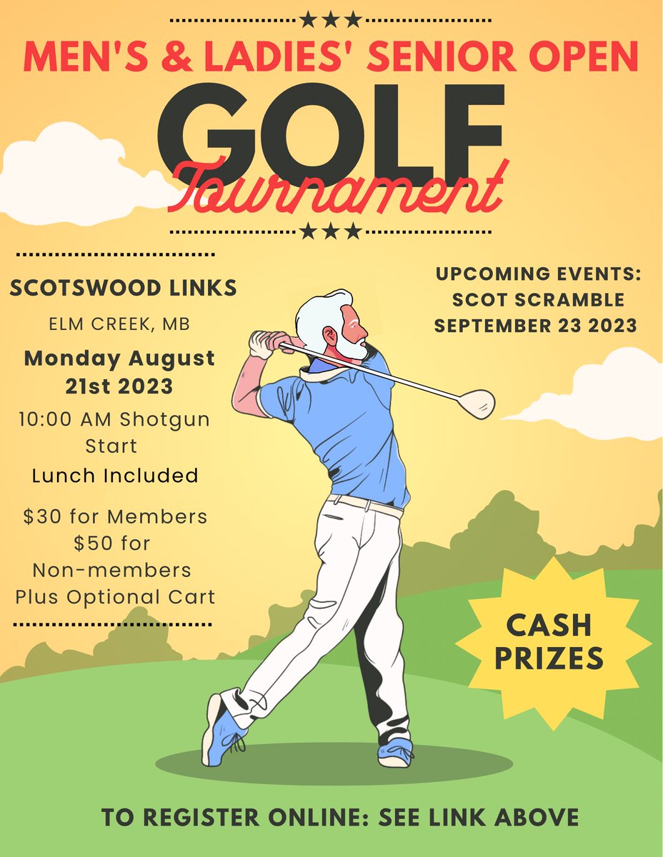 Mark your calendars, Scotswood Links’ Men’s &amp; Ladies’ Senior Open will be taking place: Monday, August 21st 2023. 

Ages: 50+
10:00 AM Shotgun
Lunch included
Cash prizes available 

Click the following link to register! 
tee-on.com/PubGolf/servle…