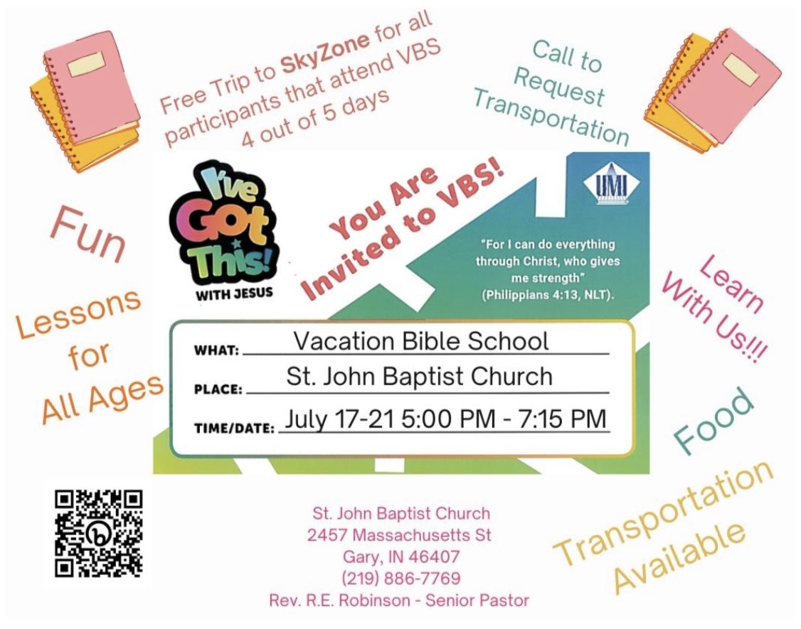Come one, come all to VBS 2023 <a href="/St/">stefanT</a>. John Baptist Church! It’s not too late to register! July 17-21, 2023, 5:00-7:15 pm. We are inviting disciples of all ages to join us!! Bring someone with you!