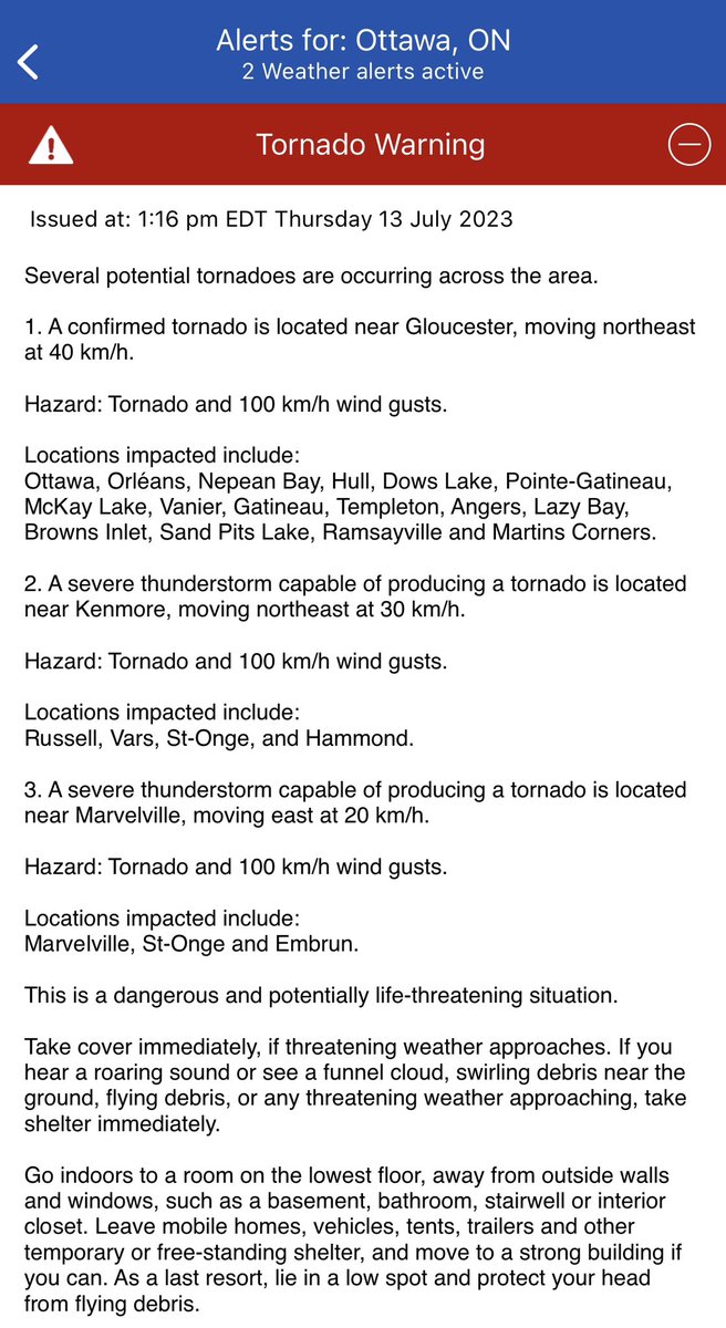 TORNADO WARNING LATEST: Environment Canada confirming tornado on radar in Gloucester, moving at 40 km/h. Two other cells possibly producing tornadoes as well <a href="/ctvottawa/">CTV Ottawa</a>