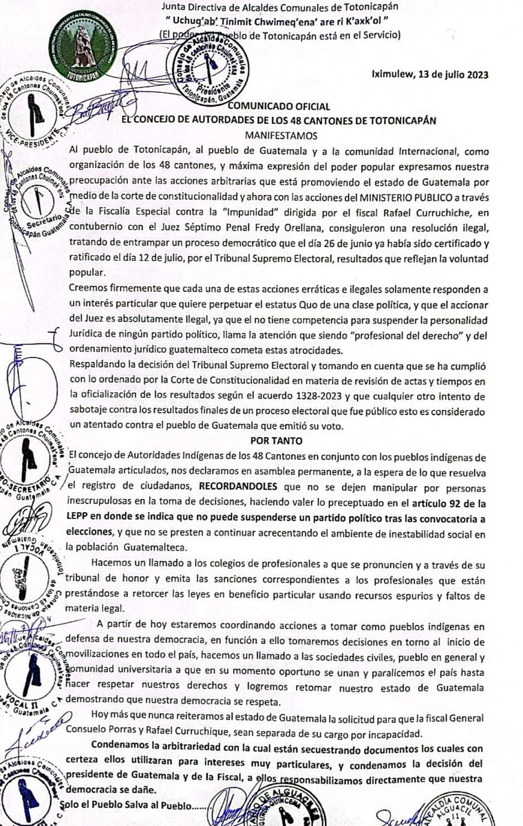 mmendoza_GT's tweet photo. 🚨🚨🚨
URGENTE:
El Concejo de Autoridades de los 48 Cantones de Totonicapán, llaman a Paro Nacional y piden la destitución de Consuelo Porras y Rafael Curruchiche. https://t.co/eMsVcbZrwE