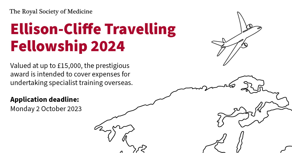 Applications are invited for the prestigious 2024 Ellison-Cliffe Travelling Fellowship. ✈️ Valued at up to £15,000, the Fellowship is awarded to cover expenses for undertaking specialist training overseas. Find out how to apply 👉 rsm.ac/44FP1R2