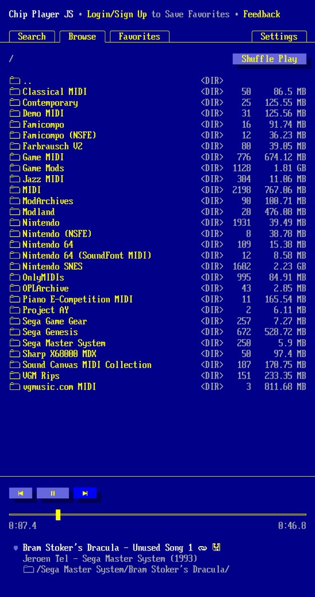 Lord_Arse's tweet photo. Okay, this is brilliant if you love your chiptunes. Chip Player JS is loaded with thousands of pieces of music from tonnes of systems. Definitely one to get lost in.
https://t.co/YEozK2EMr1 https://t.co/x241dADdoa