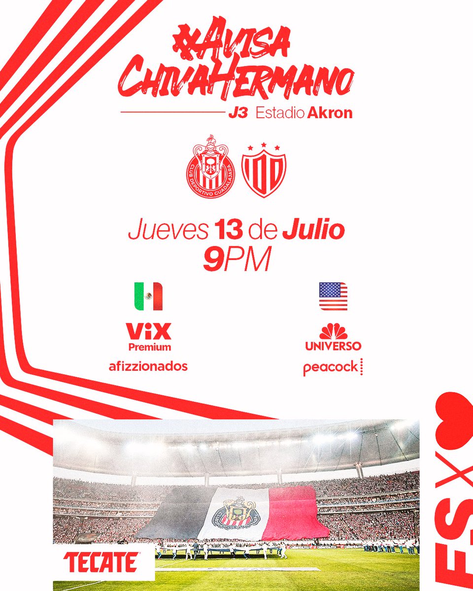 🔴⚪️ ¡HOOOOY SE JUEGAAAA! 🔥

#AvisaChivaHermano que podrás apoyarnos por las señales de: 
🇲🇽 <a href="/afizzionadosmx/">afizzionados</a> <a href="/VIX/">ViX</a>
🇺🇸 <a href="/TelemundoSports/">Telemundo Deportes</a> <a href="/peacock/">Peacock</a>