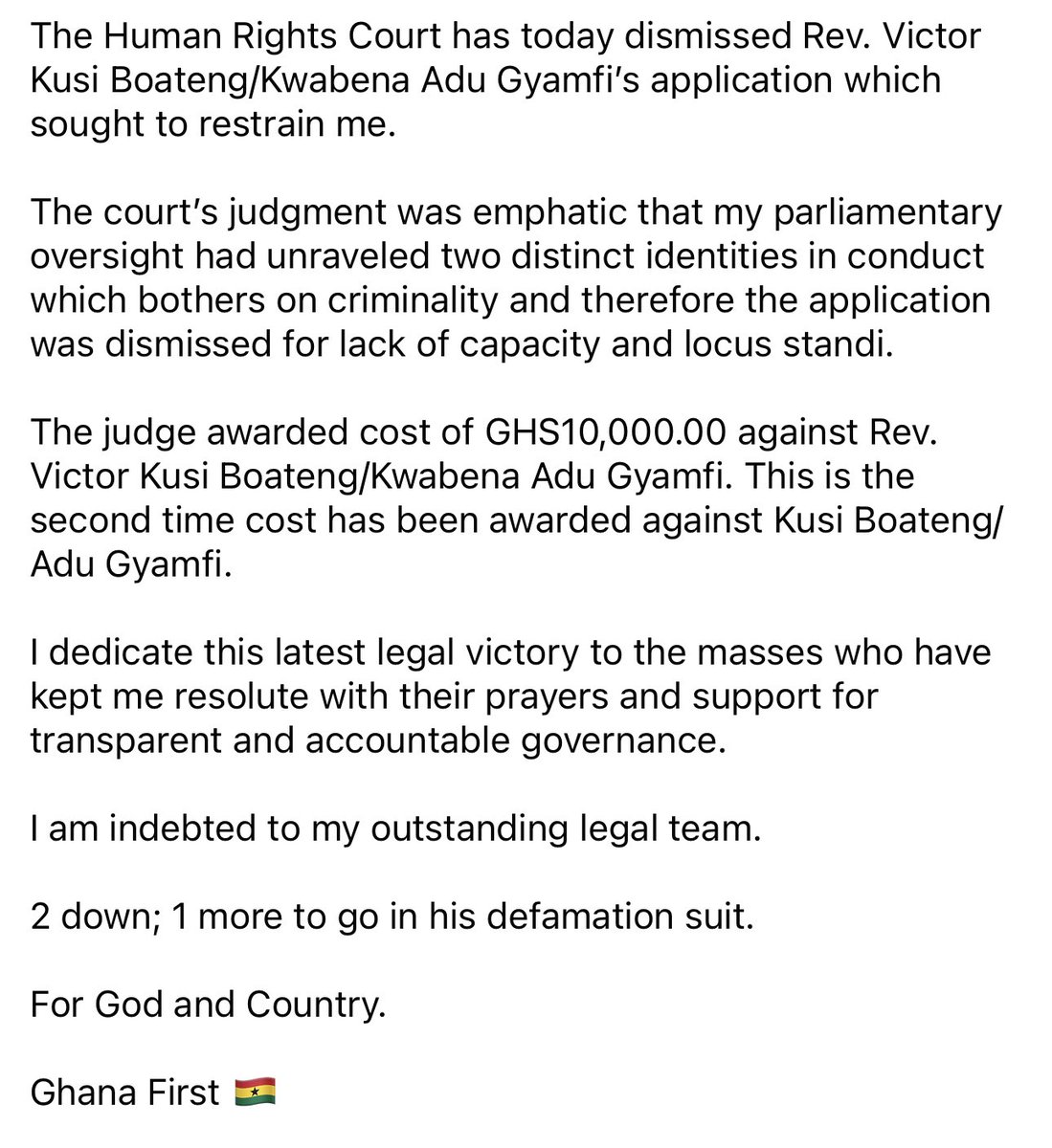 S_OkudzetoAblak's tweet photo. Human Rights Court dismisses Rev. Victor Kusi Boateng/Kwabena Adu Gyamfi’s application seeking to restrain me

The court held that his 2nd identity isn’t an alias but a deliberate separate identity

Another cost of GHS10,000 awarded against him

Truth shall always be vindicated🙏🏾 https://t.co/gh4LD0uOcG