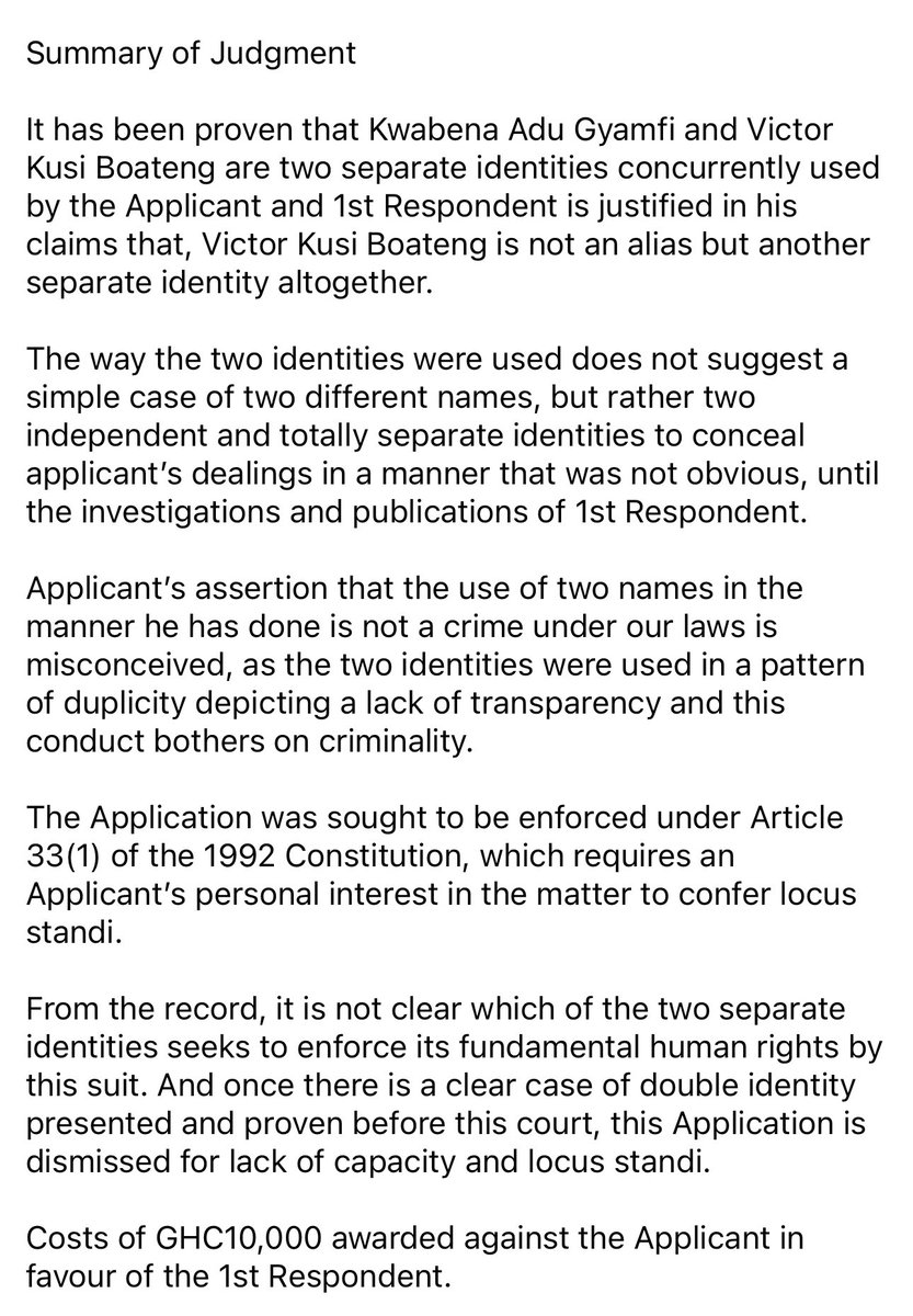 S_OkudzetoAblak's tweet photo. Human Rights Court dismisses Rev. Victor Kusi Boateng/Kwabena Adu Gyamfi’s application seeking to restrain me

The court held that his 2nd identity isn’t an alias but a deliberate separate identity

Another cost of GHS10,000 awarded against him

Truth shall always be vindicated🙏🏾 https://t.co/gh4LD0uOcG